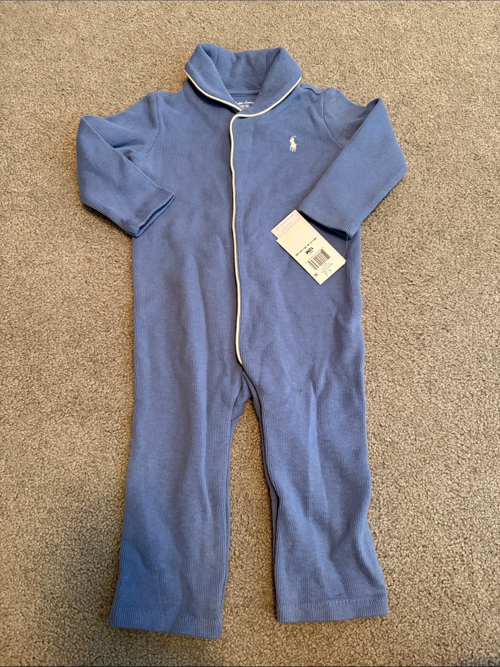 Ralph Lauren Light Blue Knit Baby One-Piece with White Piping